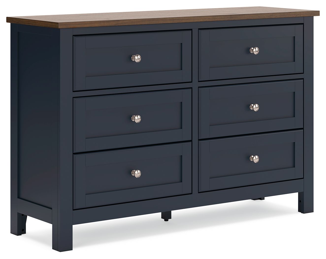 Brown-top blue dresser with six drawers and round silver knobs