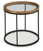 Round side table with clear glass top, light brown wood border, black metal frame, lower shelf