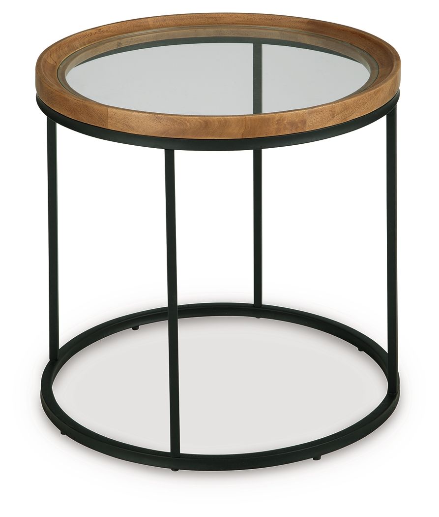 Round side table with clear glass top, light brown wood border, black metal frame, lower shelf