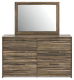 Dark brown wood dresser with framed mirror and six-drawer panel