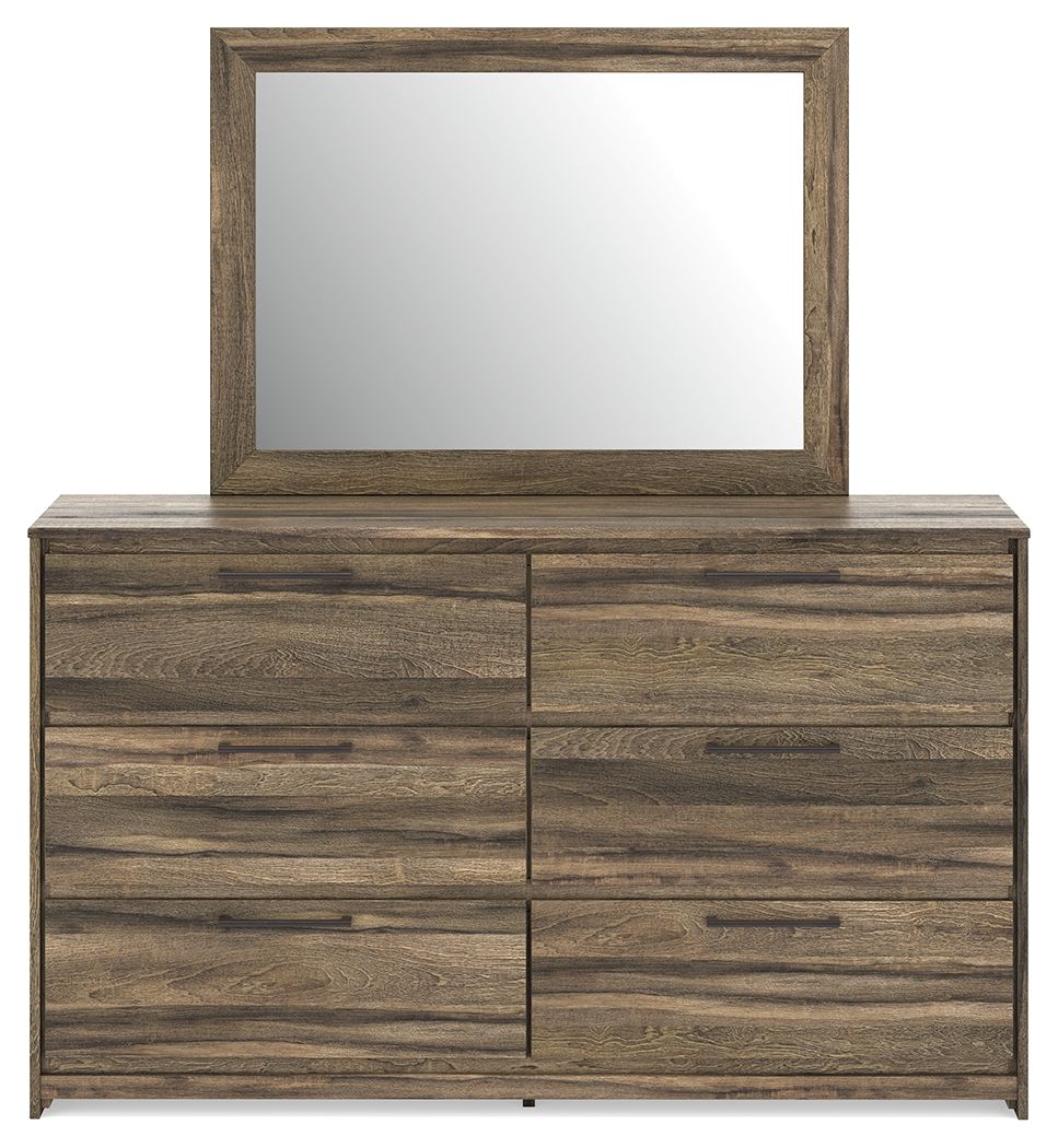 Dark brown wood dresser with framed mirror and six-drawer panel