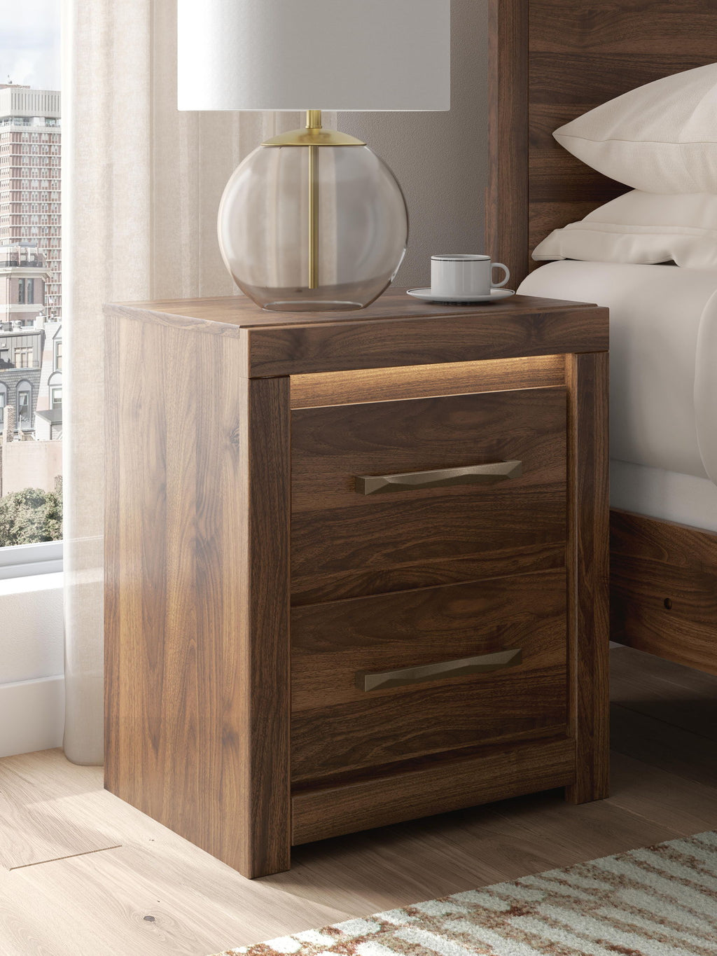 Brown two-drawer nightstand with bar pulls, side view; wood-grain cabinet body