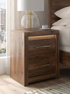 Brown two-drawer nightstand with bar pulls, side view; wood-grain cabinet body
