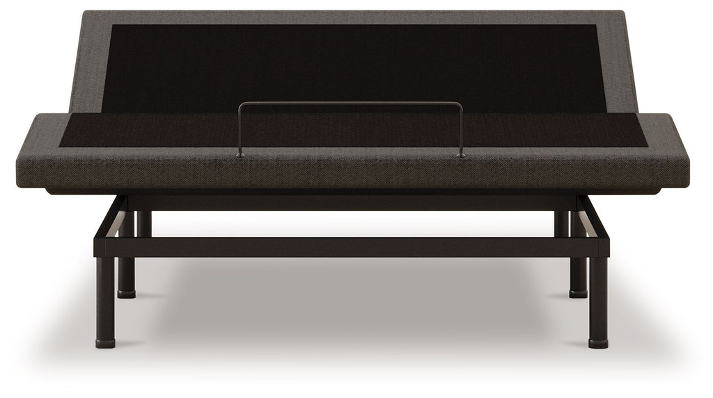 Black adjustable bed base with upholstered headboard, low profile metal frame