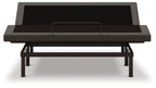 Black adjustable bed base with upholstered headboard, low profile metal frame