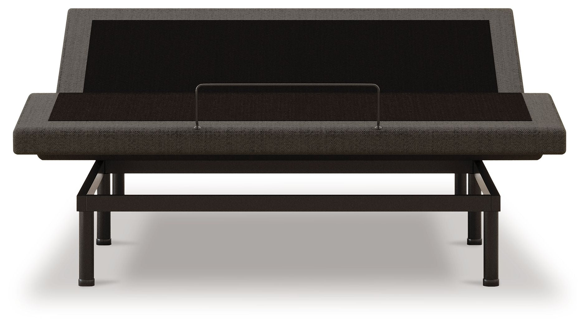 Black adjustable bed base with upholstered headboard, low profile metal frame