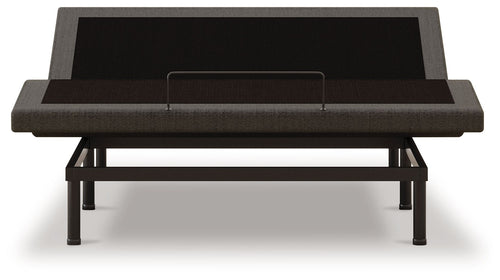 Black adjustable bed base with upholstered headboard, low profile metal frame
