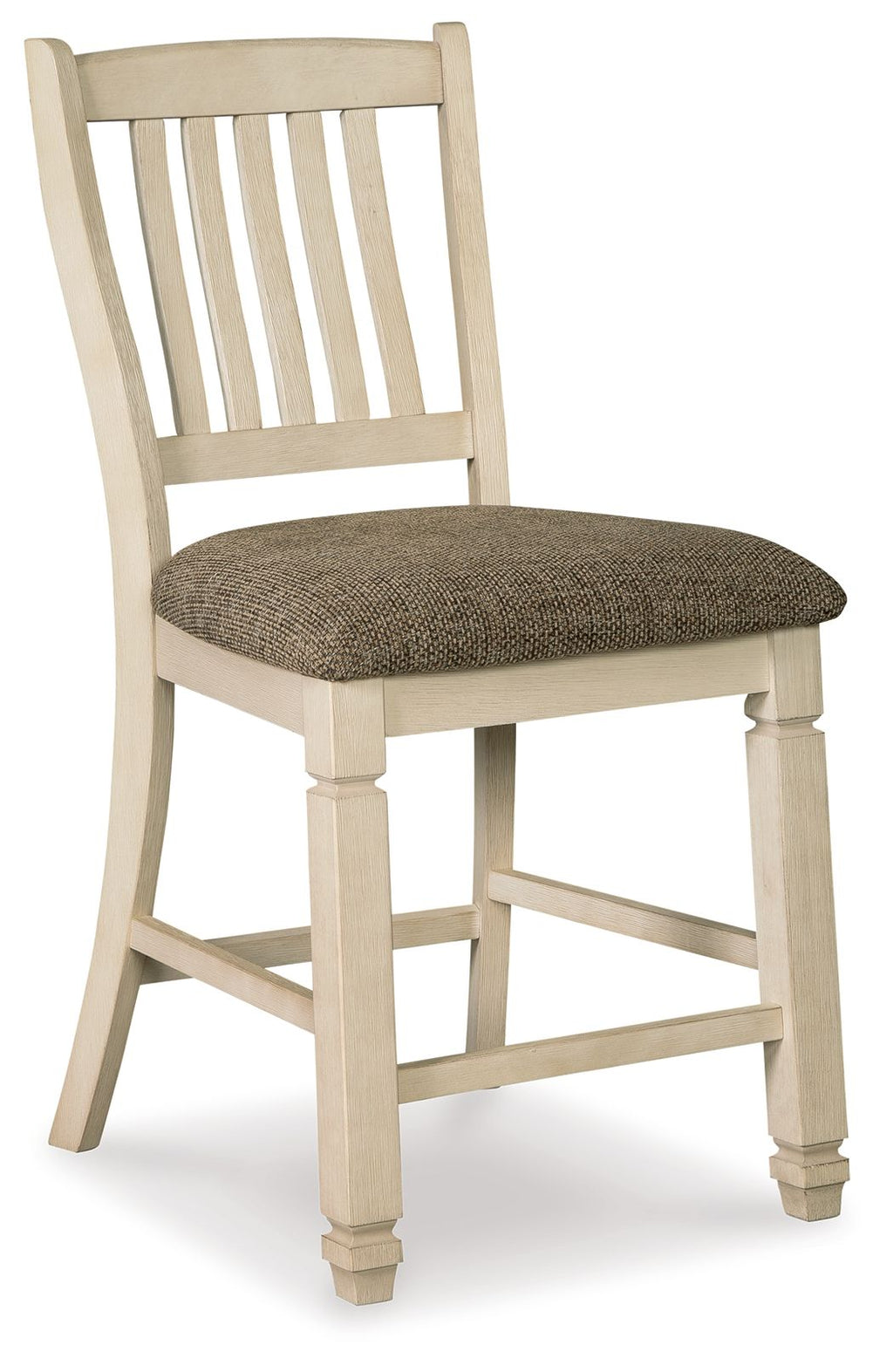 Beige upholstered barstool with slatted backrest and padded seat, dark fabric cushion