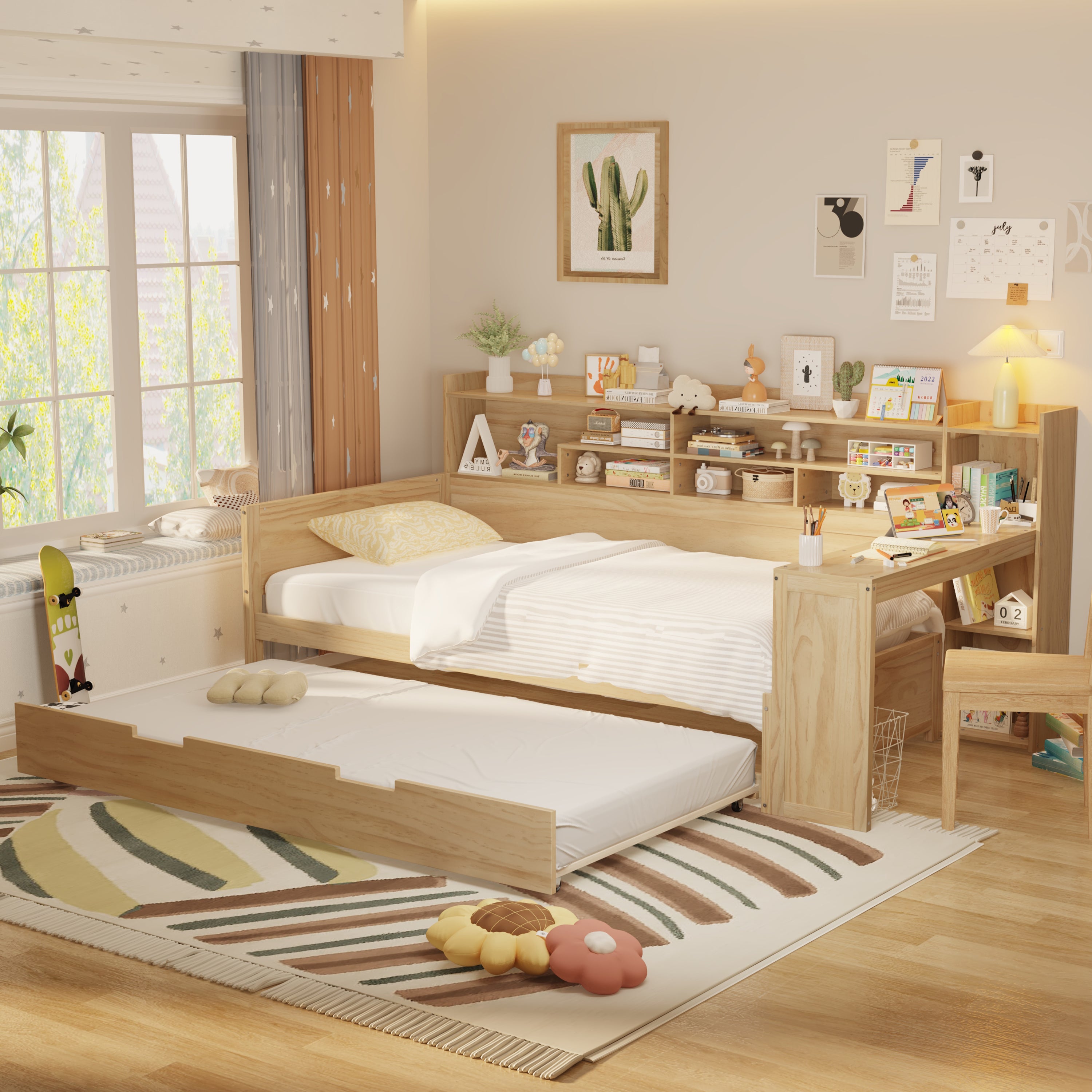 Twin Daybed with Trundle & Desk - Wood Storage Shelves