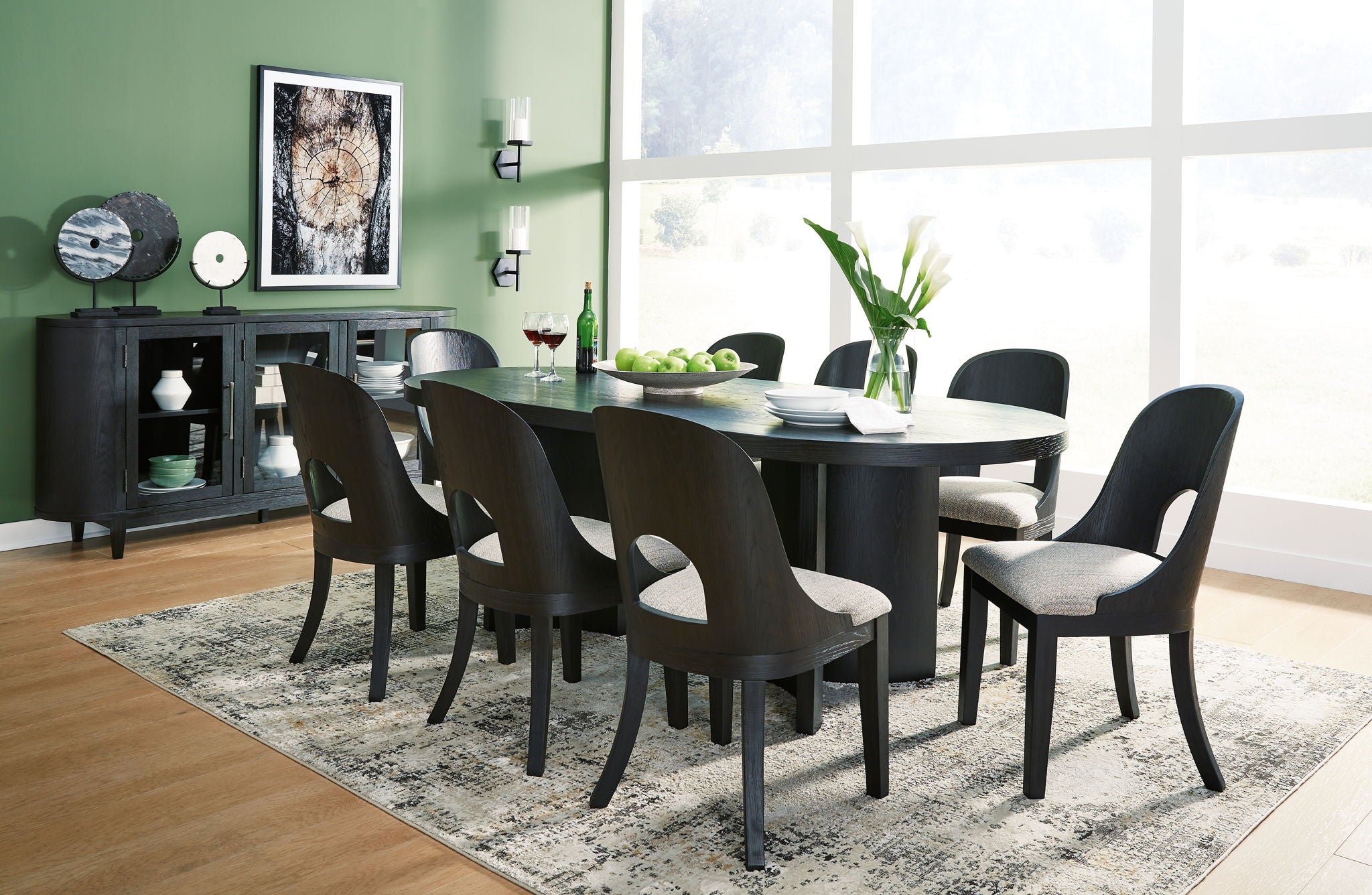 Black dining table set with six chairs and server cabinet