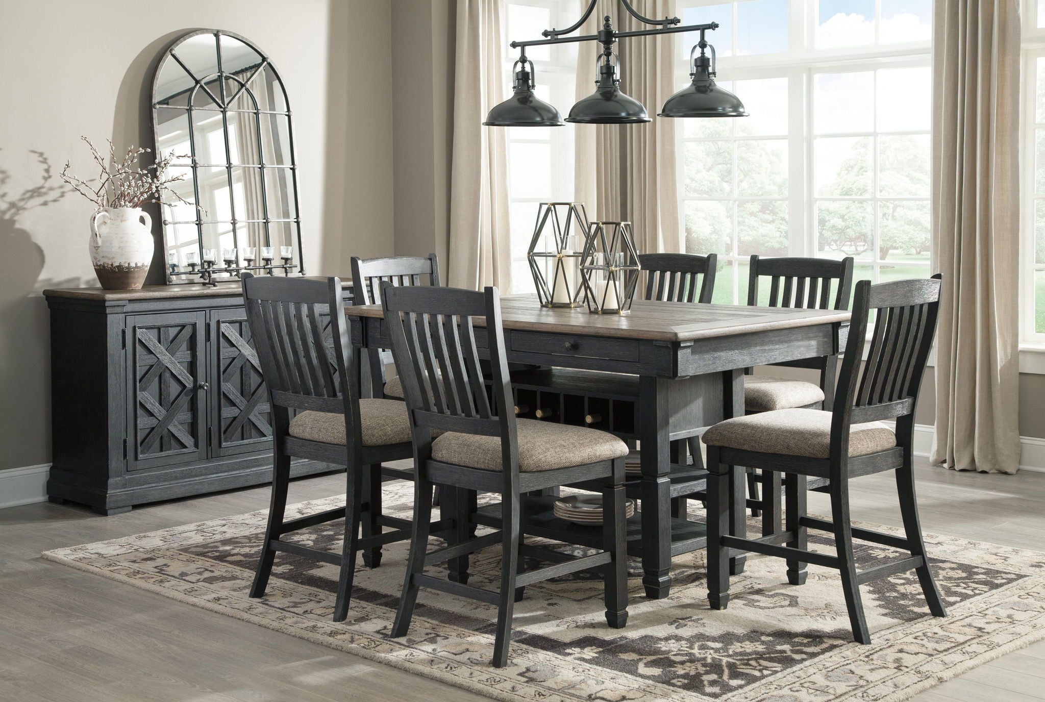 Dining room server cabinet with X-pattern doors, dark gray/black finish, wood top.