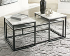 3-piece nested table set, gray marble-look surfaces with black rectangular legs and shelves