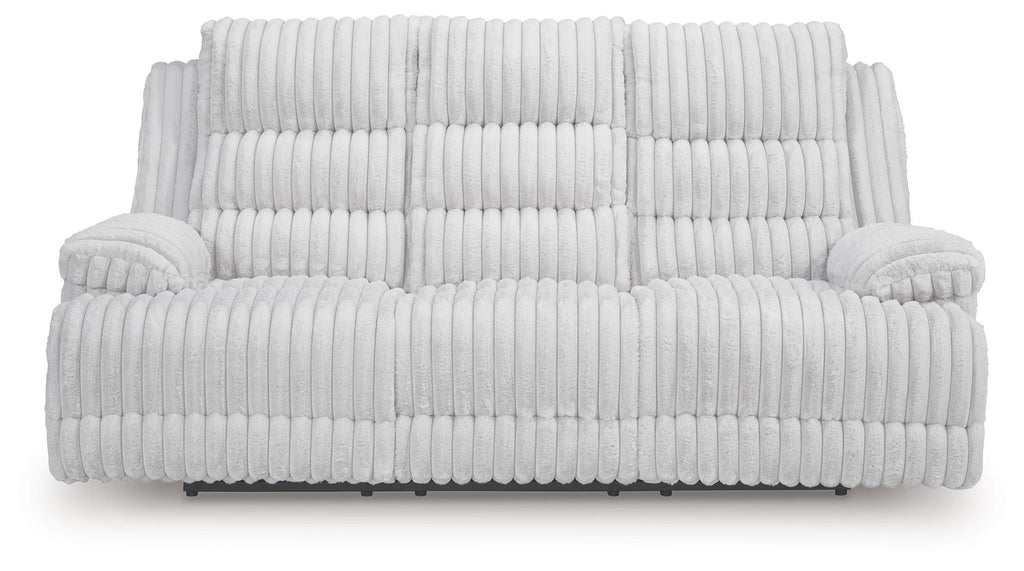 Reclining power sofa with drop-down table, light gray ribbed upholstery, cushioned front