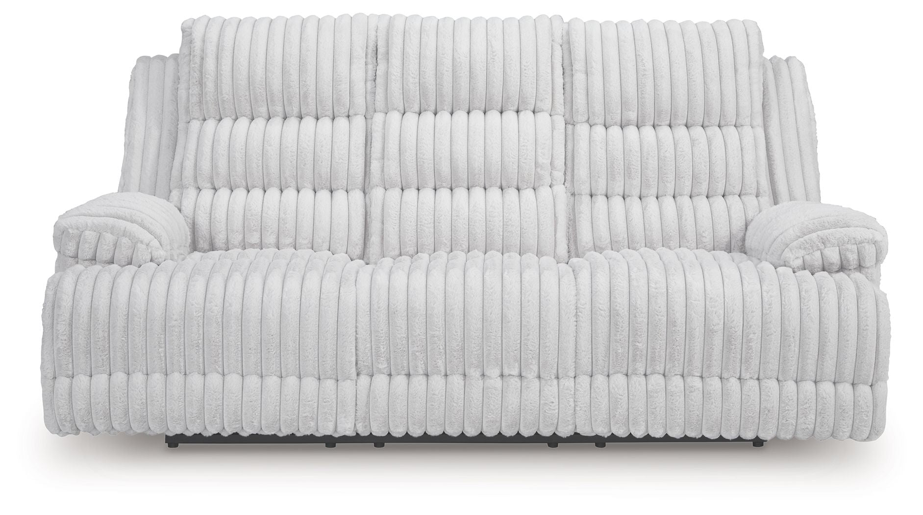 Reclining power sofa with drop-down table, light gray ribbed upholstery, cushioned front