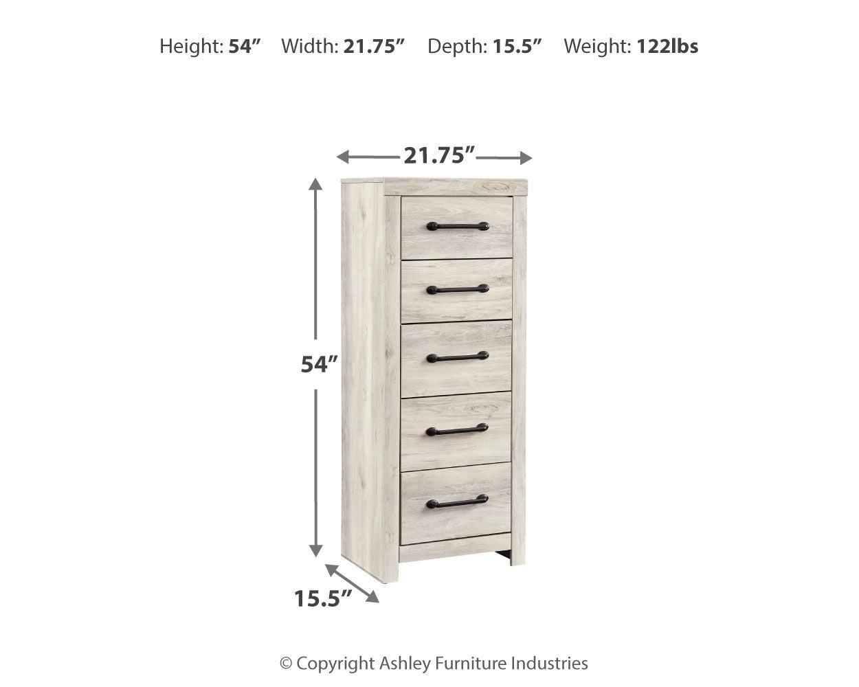 Dimension diagram: 54"H x 21.75"W x 15.5"D chest