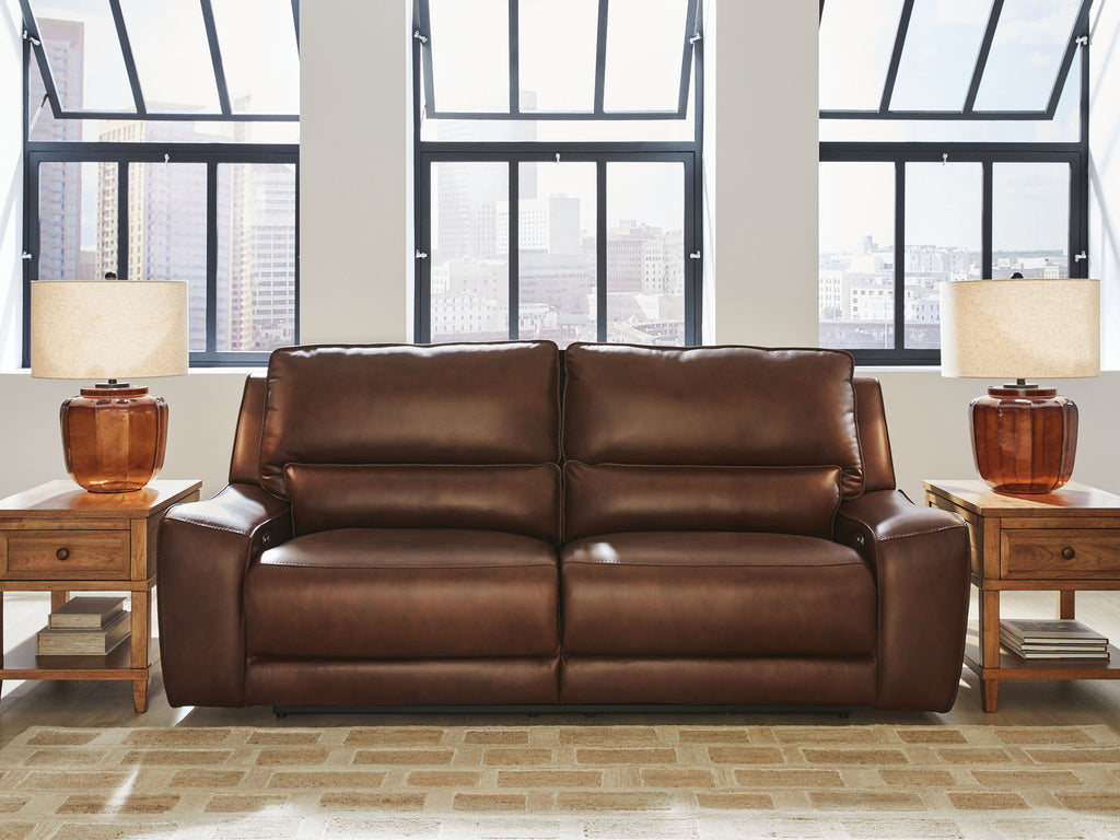 Dark brown power reclining sofa with two seats and adjustable headrests