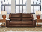 Dark brown power reclining sofa with two seats and adjustable headrests