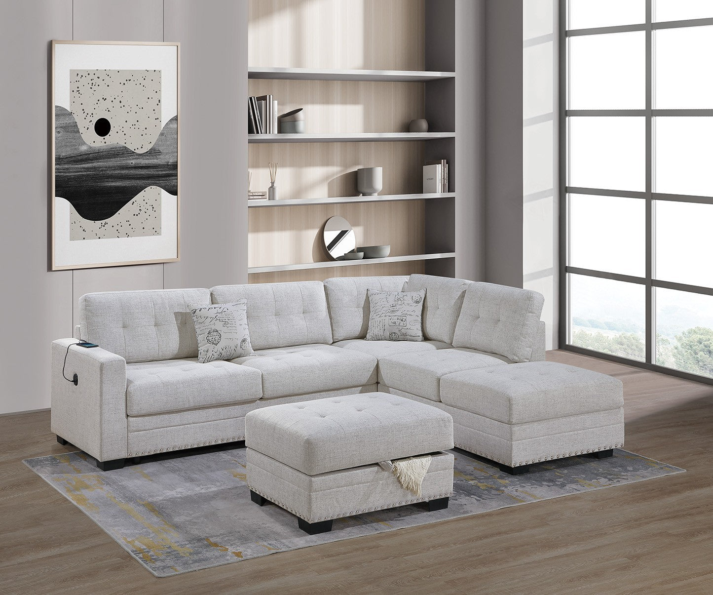Living Room Bone Tufted L-Shaped Sectional Sofa Ottoman 3pc
