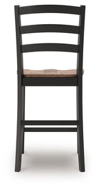 Barstool back view with black frame and dark wood seat, open ladder back design