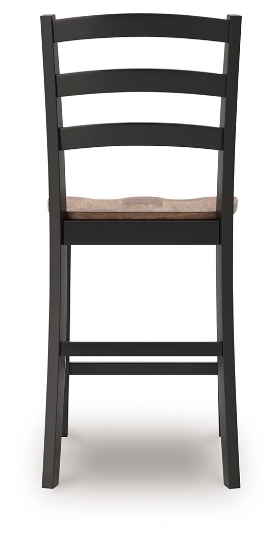 Barstool back view with black frame and dark wood seat, open ladder back design