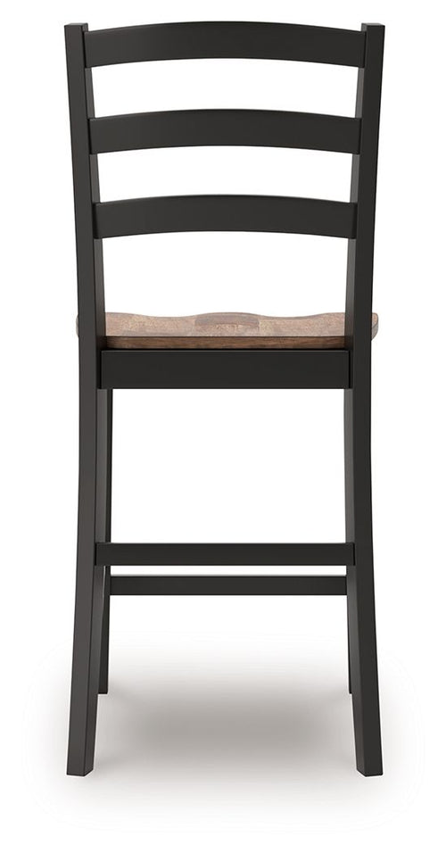 Barstool back view with black frame and dark wood seat, open ladder back design