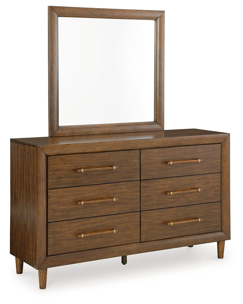Brown wooden dresser with mirror, six drawers and brass bar pulls, tapered legs