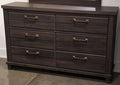 Six-drawer dark brown dresser with six drawers and gold-tone metal bar handles