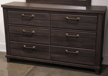 Six-drawer dark brown dresser with six drawers and gold-tone metal bar handles