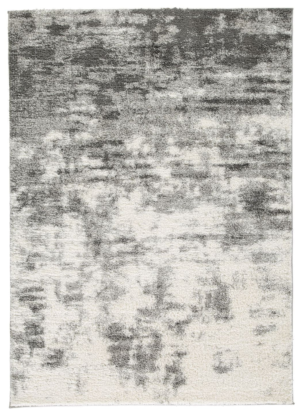 Rectangular pearl silver area rug with distressed abstract pattern and short pile