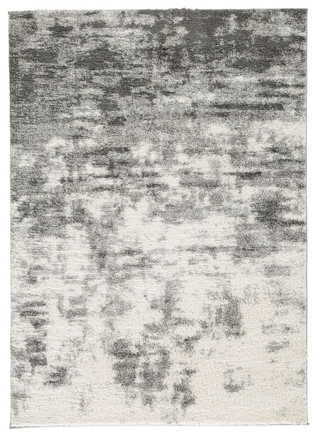 Rectangular pearl silver area rug with distressed abstract pattern and short pile