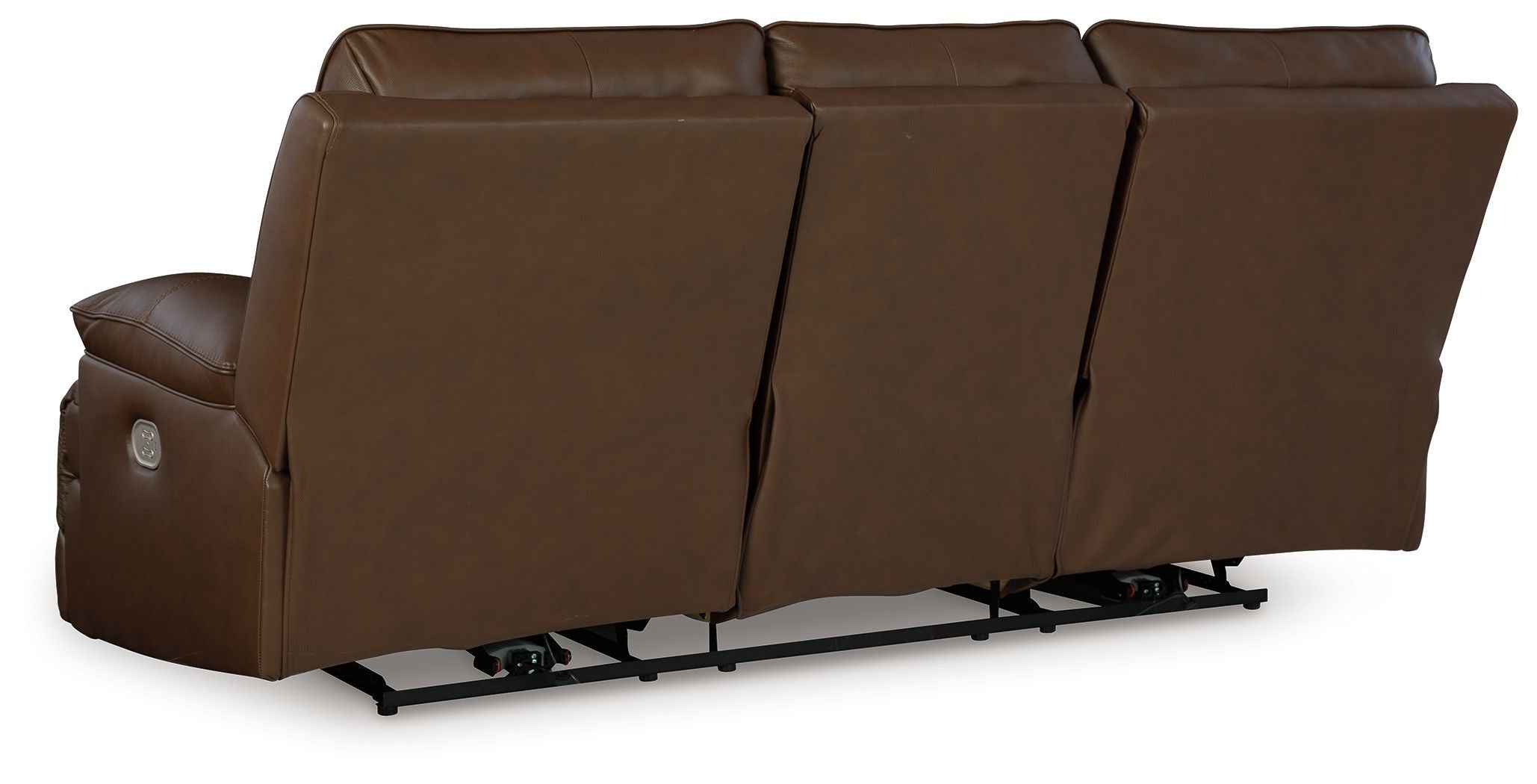 Brown power reclining sofa side view with wide arms and segmented back cushions