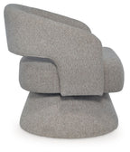 Pebble gray swivel accent chair, side view with curved arms and rounded base