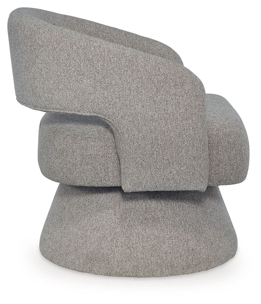 Pebble gray swivel accent chair, side view with curved arms and rounded base