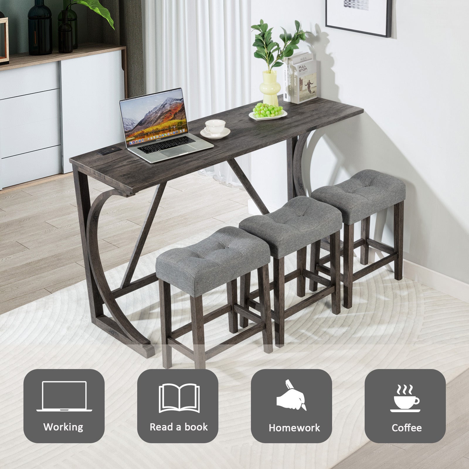 4-Piece Bar Table Set w/ Power Outlet & Stools