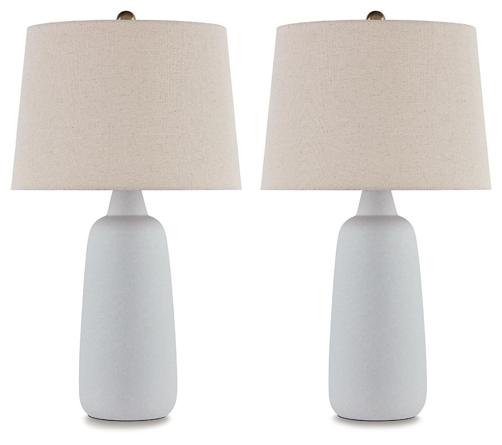 Set of 2 ceramic table lamps with white tapered bases and beige fabric shades