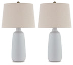 Set of 2 ceramic table lamps with white tapered bases and beige fabric shades