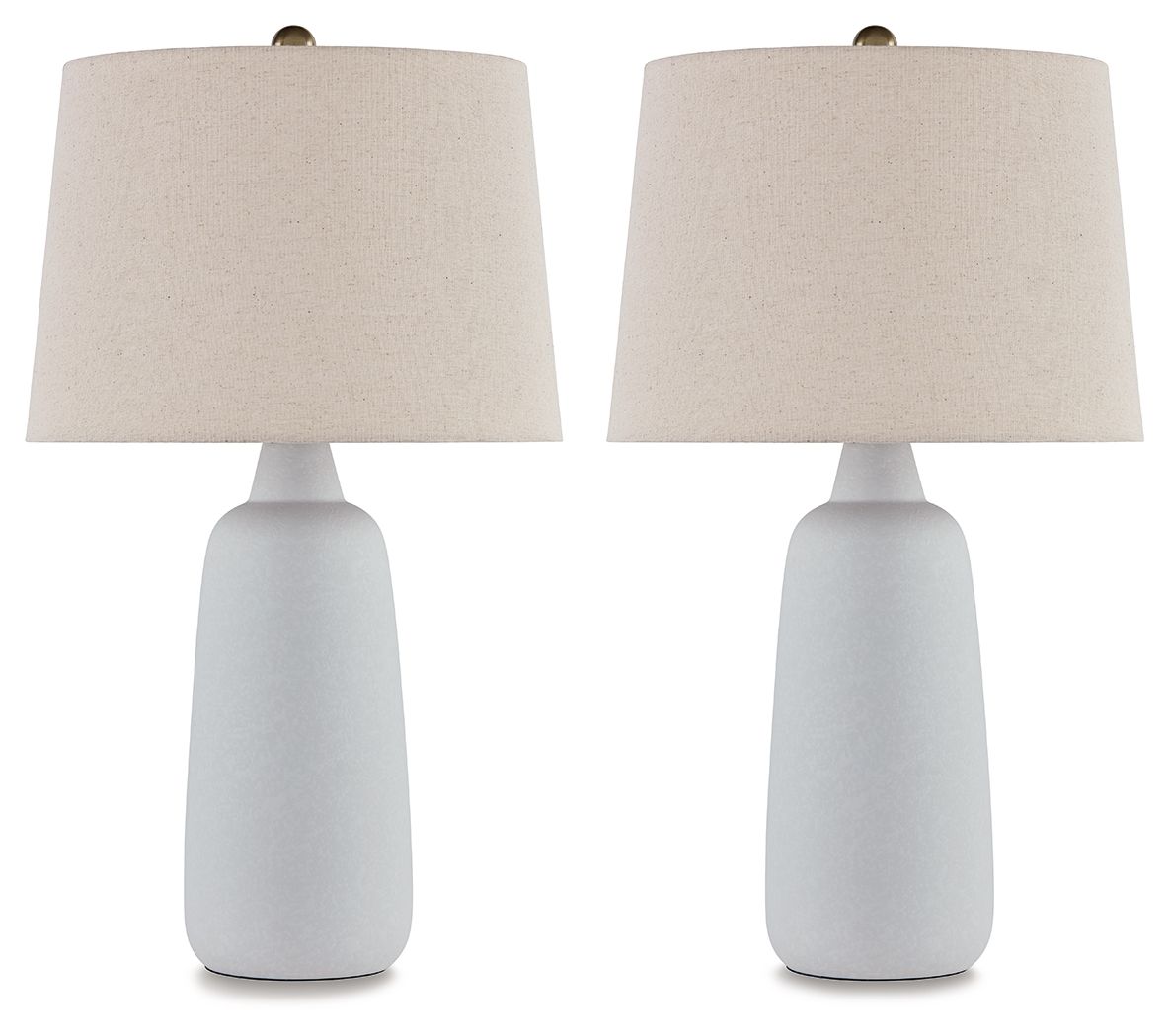 Set of 2 ceramic table lamps with white tapered bases and beige fabric shades
