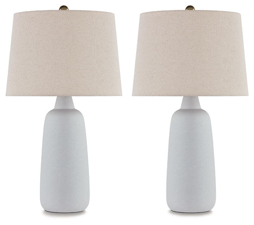 Set of 2 ceramic table lamps with white tapered bases and beige fabric shades