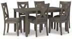 Gray dining table with four upholstered chairs in view, cross-back chair design