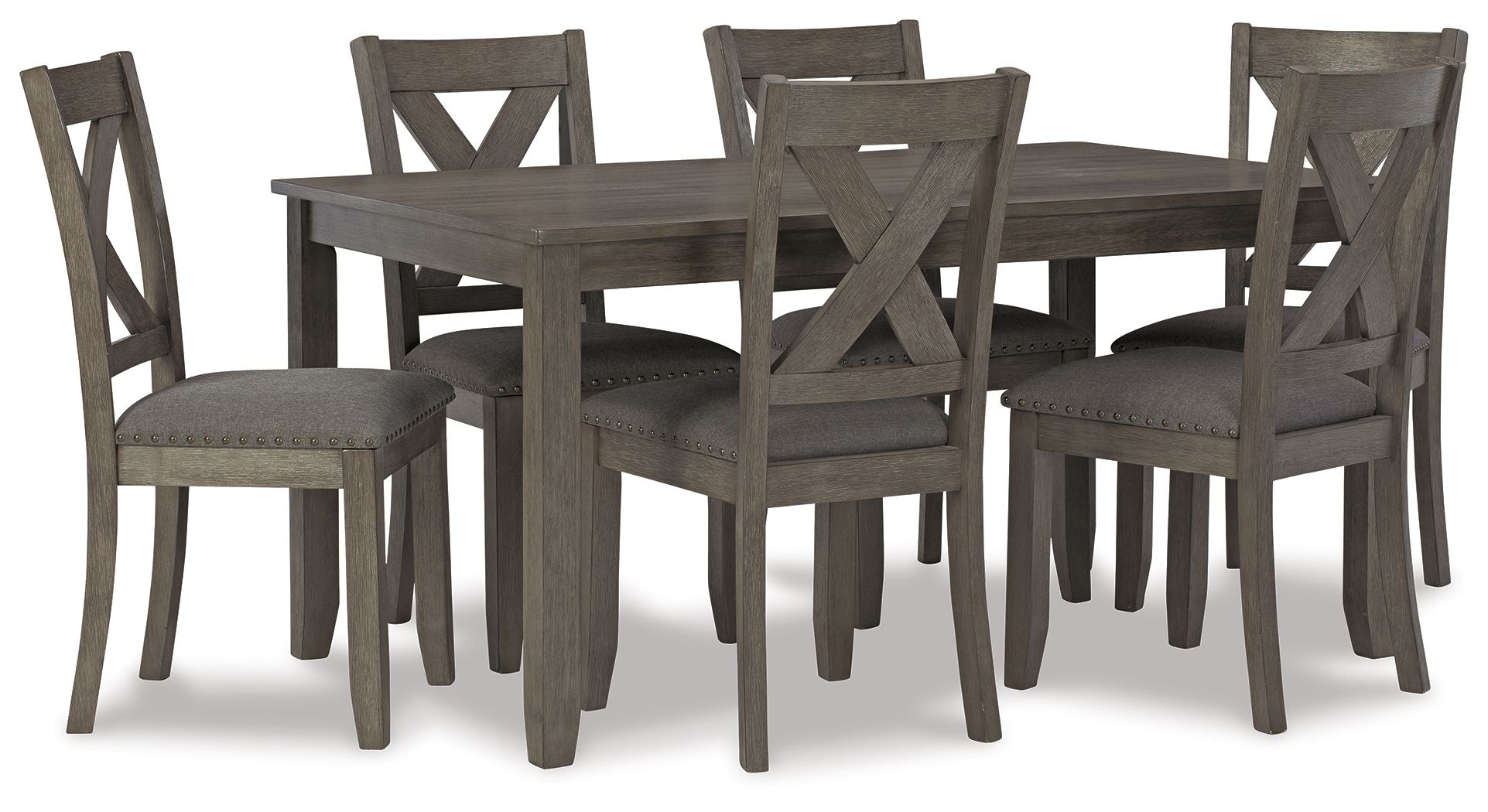 Gray dining table with four upholstered chairs in view, cross-back chair design