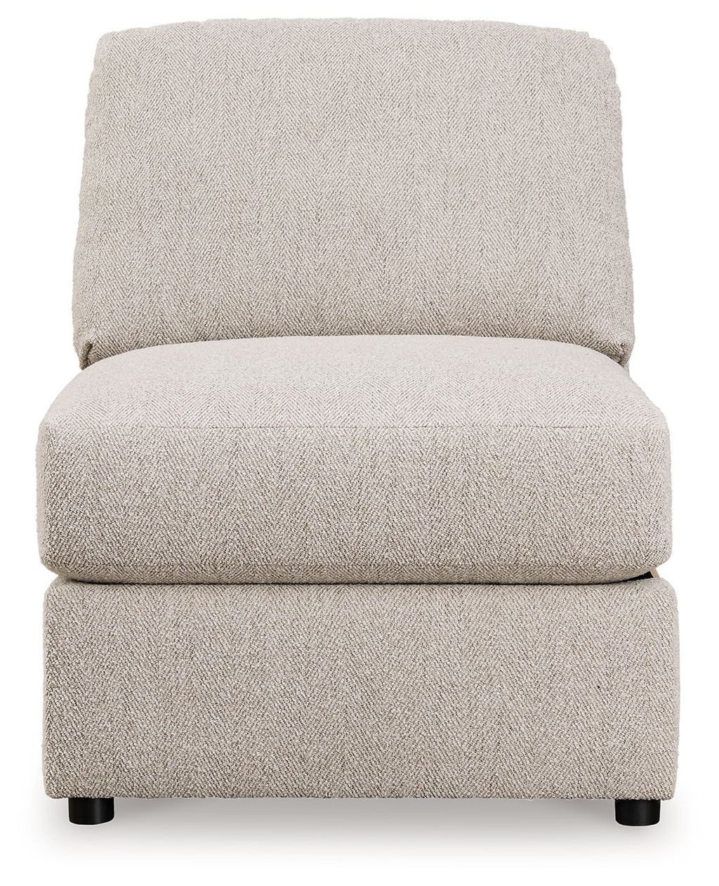 Sand armless chair with thick padded seat and backrest, and black feet