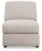 Sand armless chair with thick padded seat and backrest, and black feet