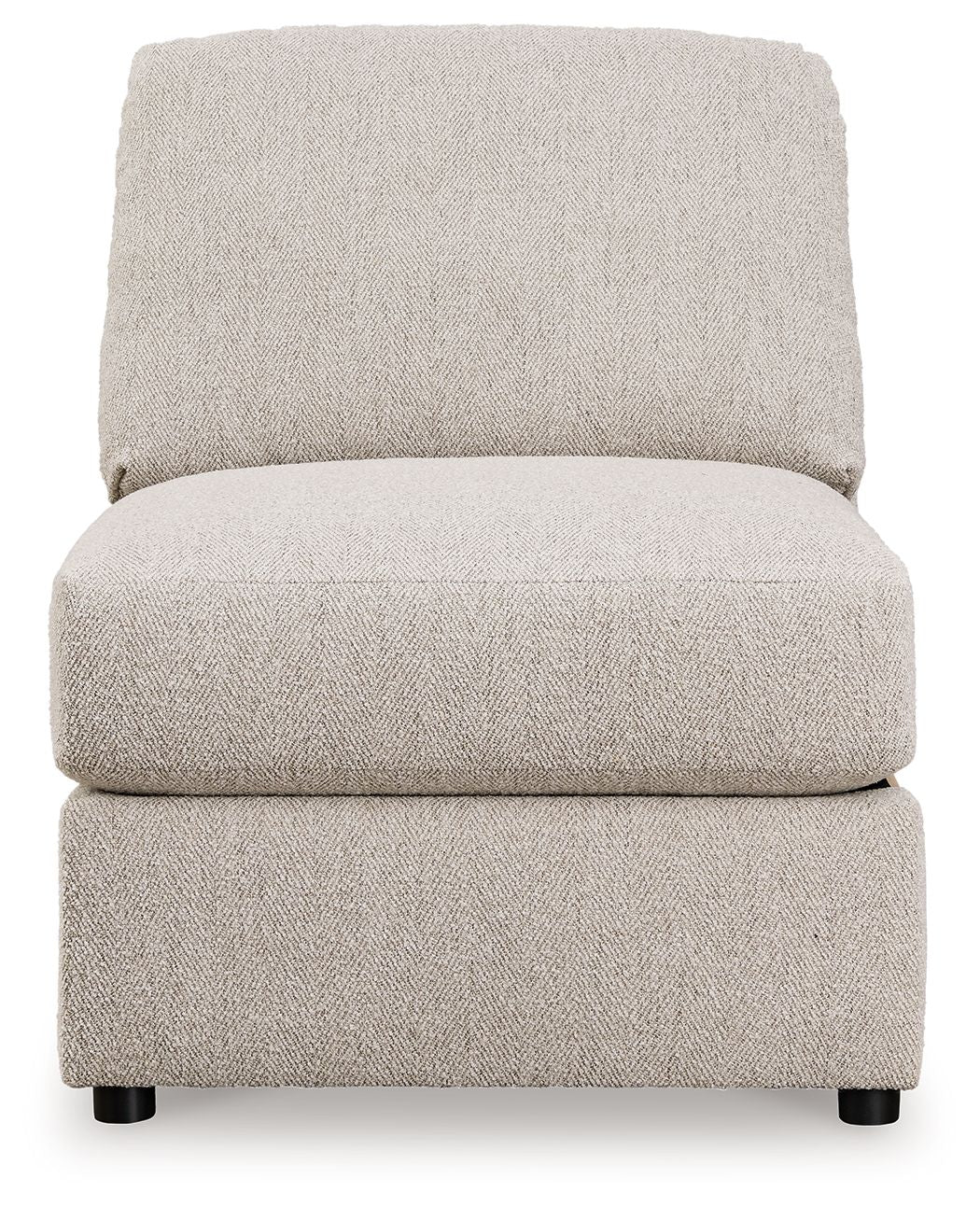 Sand armless chair with thick padded seat and backrest, and black feet