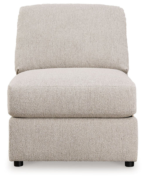 Sand armless chair with thick padded seat and backrest, and black feet