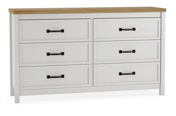 White and brown six-drawer dresser with black bar handles and wooden legs