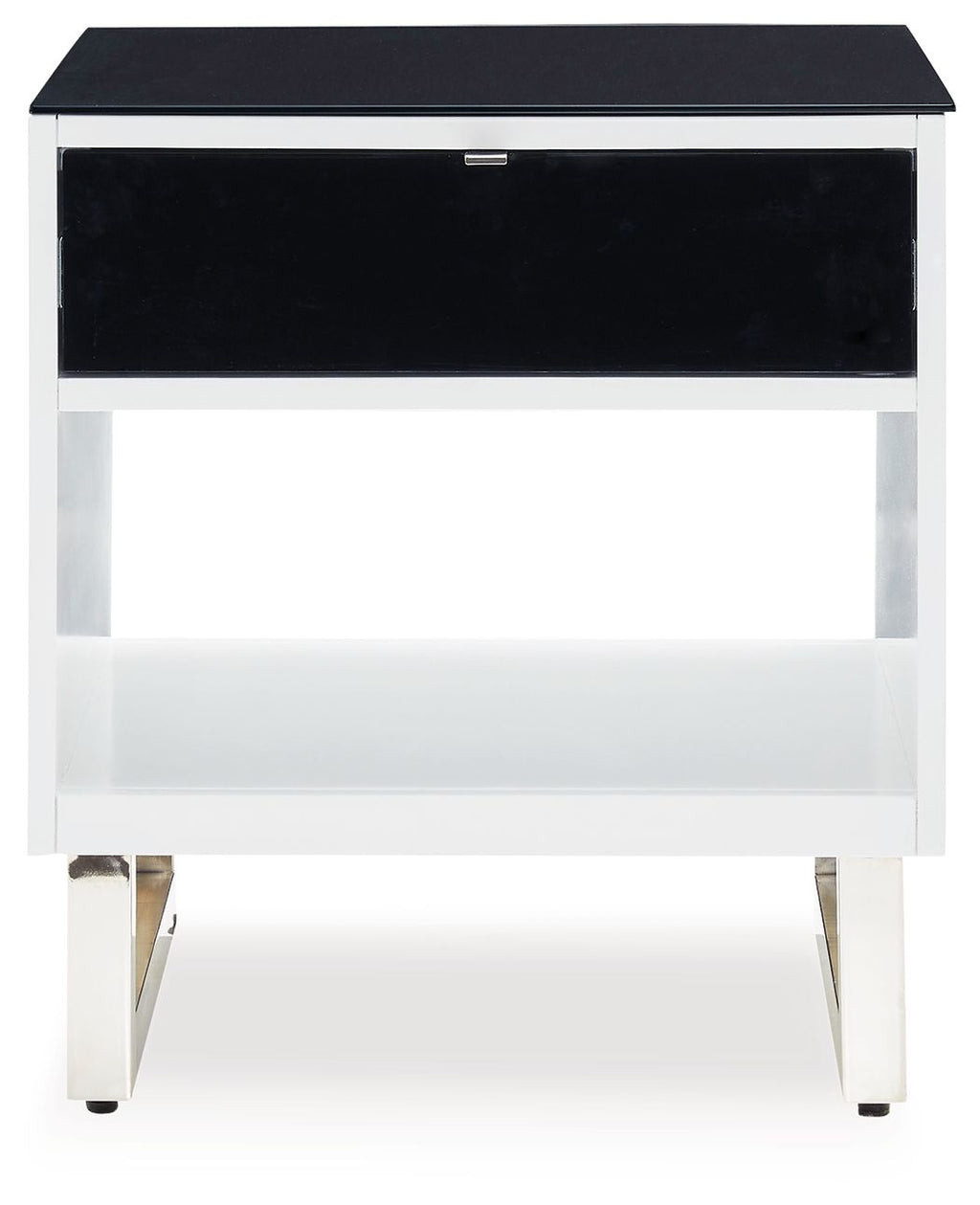 Rectangular end table with black top, white sides, open lower shelf, black drawer front
