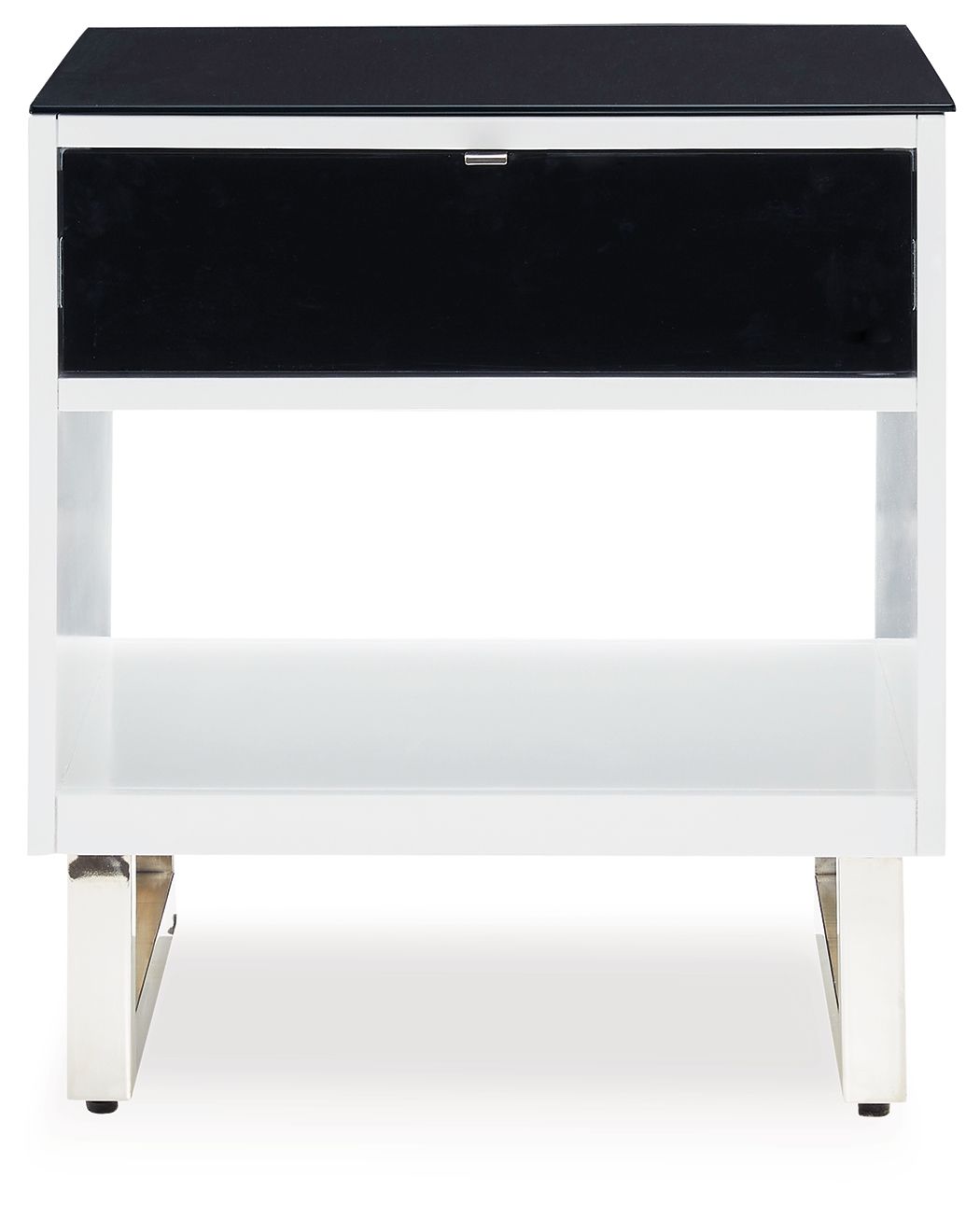 Rectangular end table with black top, white sides, open lower shelf, black drawer front