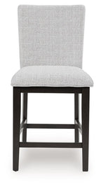 Upholstered barstool with tall back, padded light gray seat, dark wood frame