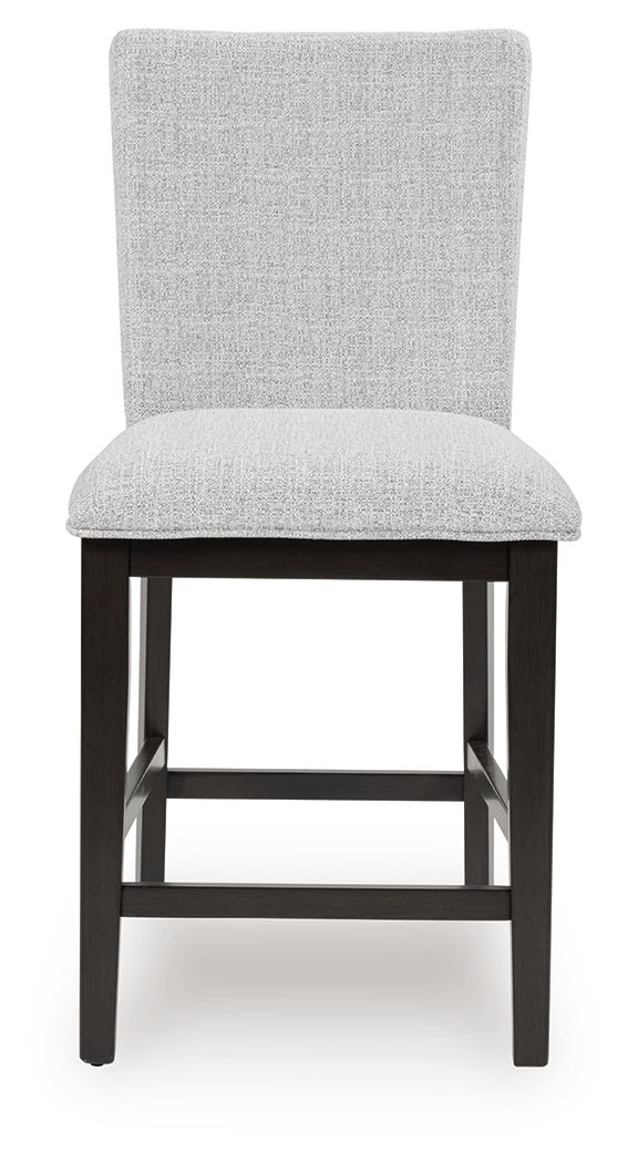 Upholstered barstool with tall back, padded light gray seat, dark wood frame