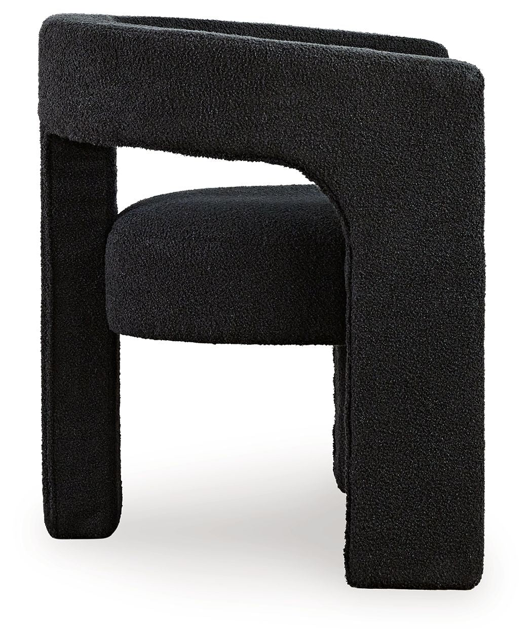 Dark upholstered accent chair with wide frame, curved armrests, and block feet